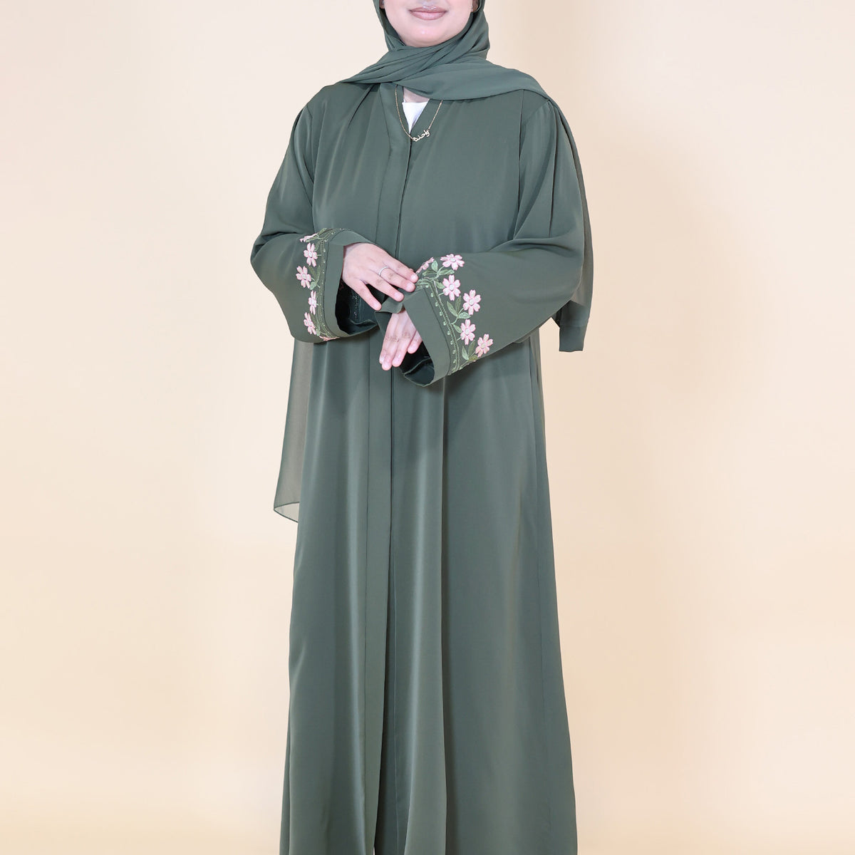 Italian Linen Blend Abaya with Arabic Calligraphy Embroidered Sleeves (Olive Green)