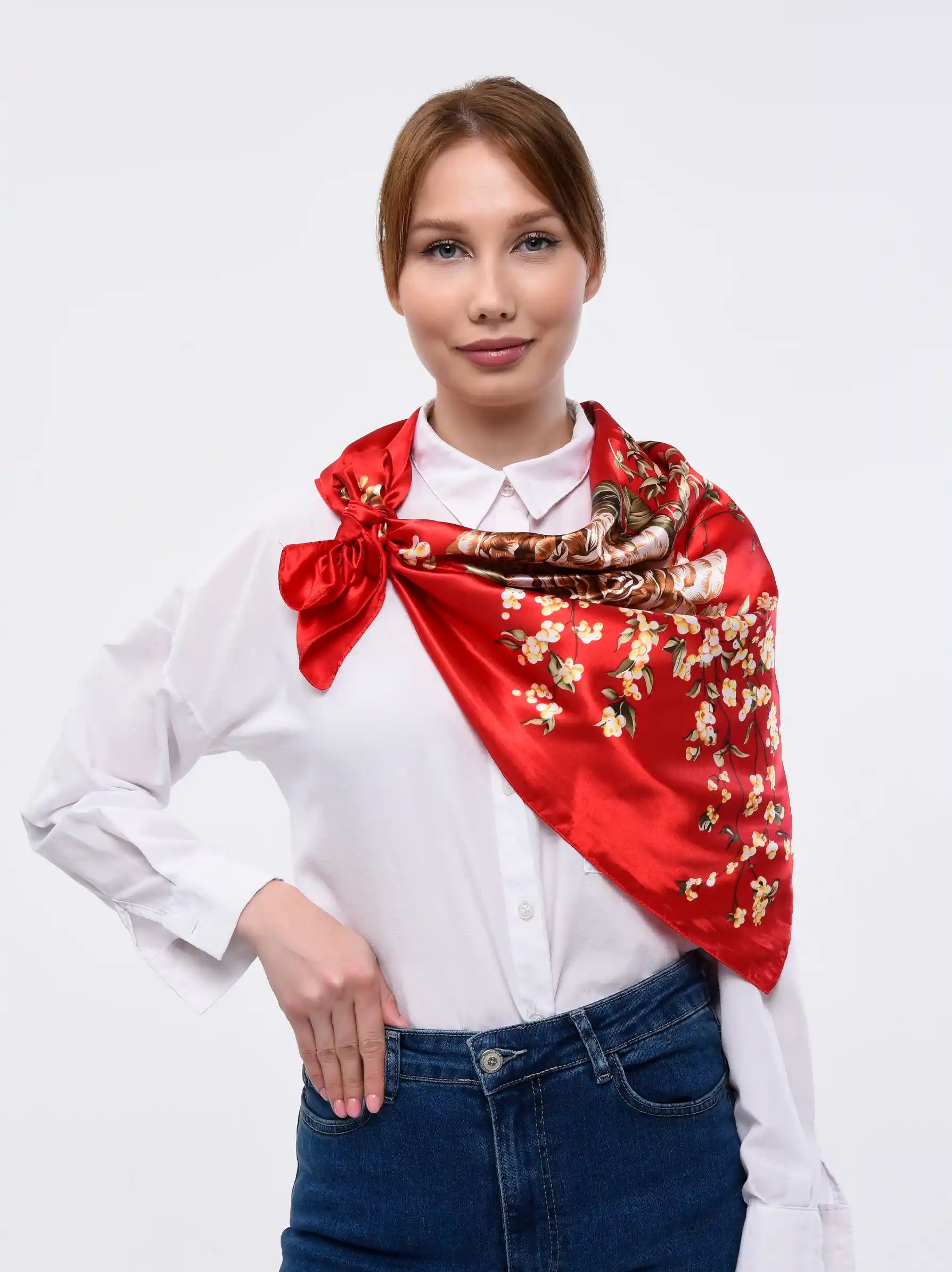 Lady is wearing Red floral scarf