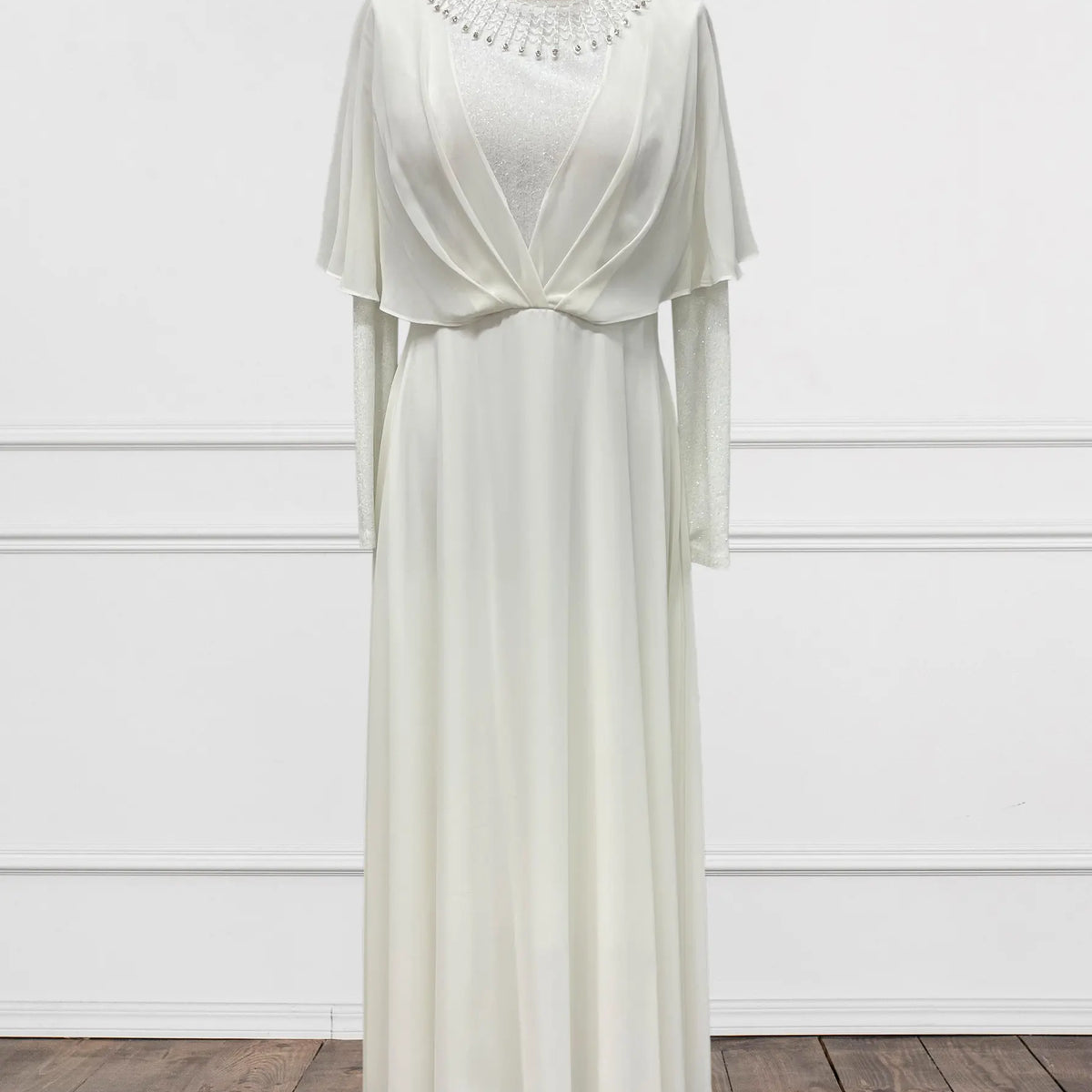 Embellished Long Sleeve White Modest Evening Dress – Modora UK
