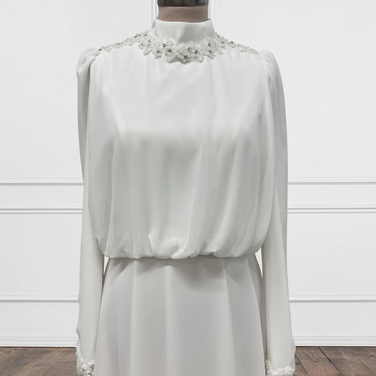 sachin and babi light blue dress Long Sleeve White Bead Embellished Modest Evening Dress – Modora UK