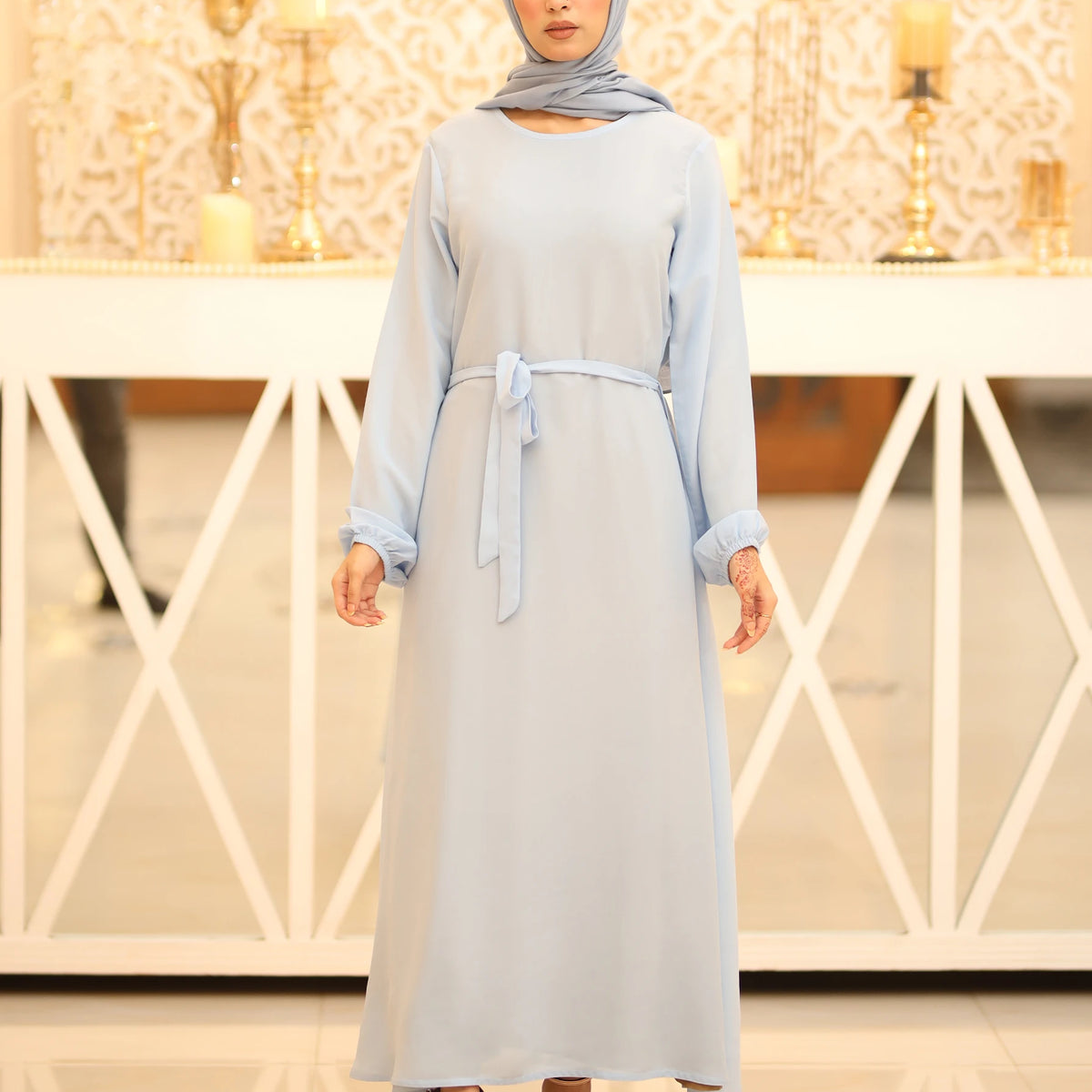 Trendy Four pleats at bust casual Abaya Blue