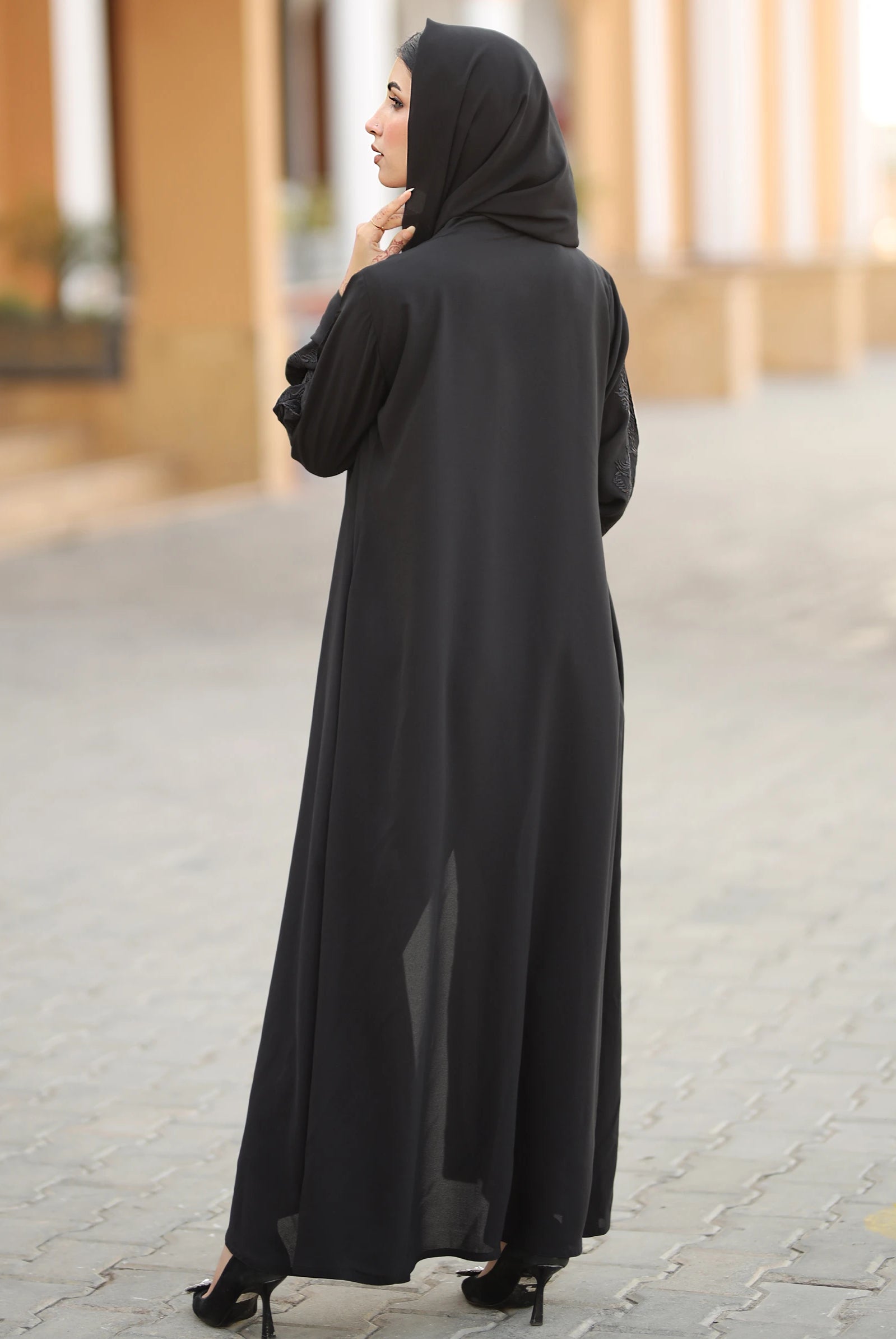 embroidery black open abaya