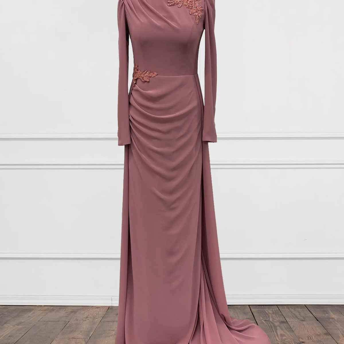 Embellished Pink Modest Evening Dress With Sleeves Modora UK Embellished Pink Modest Evening Dress With Sleeves Modora UK