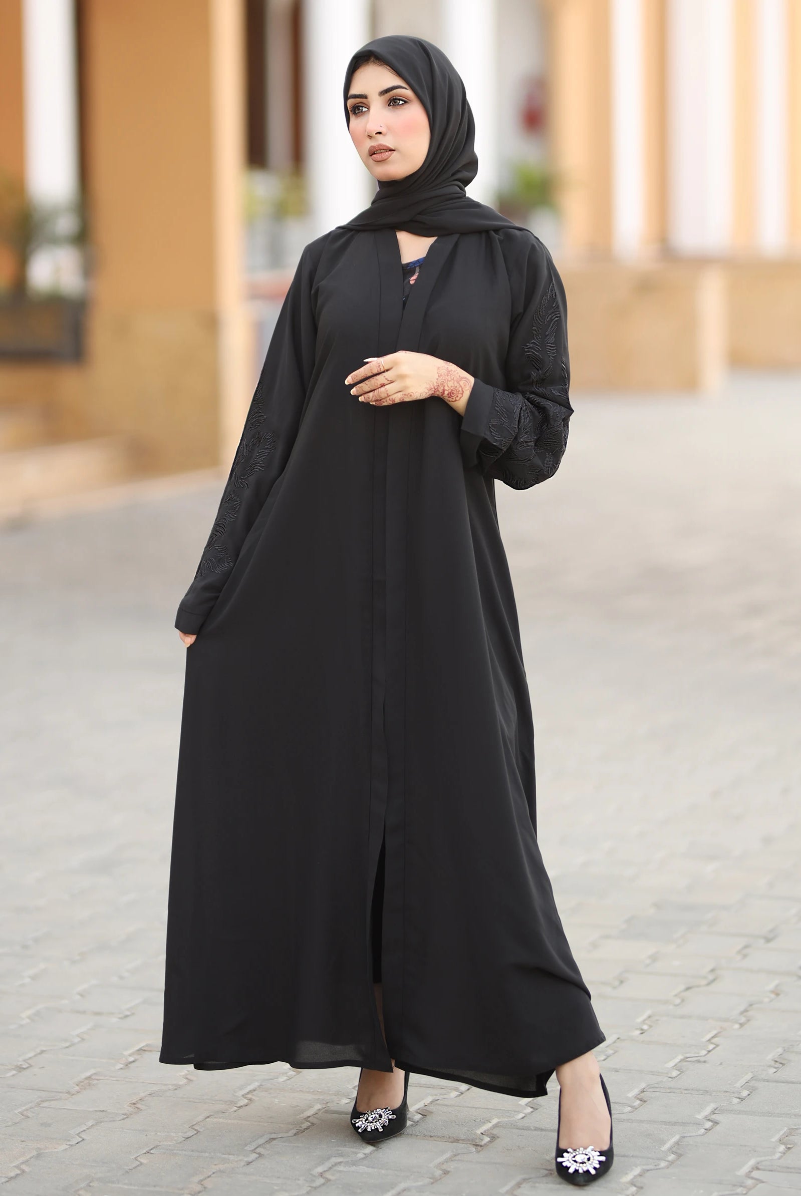 black embroidered open abaya