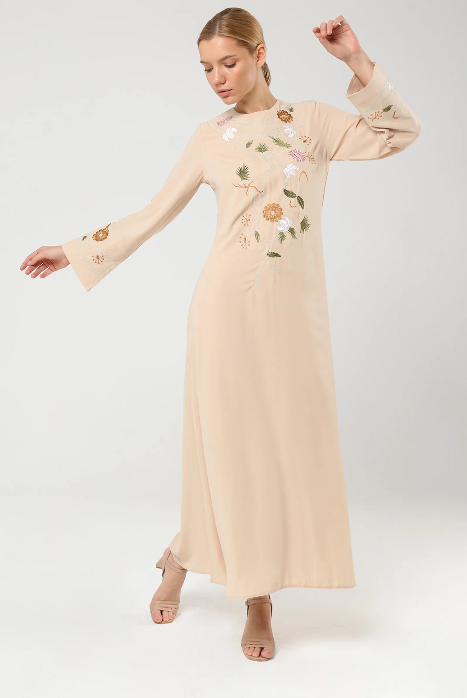 beige embroidered maxi dress