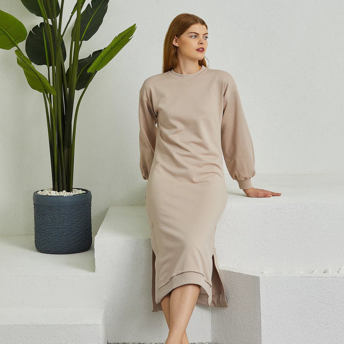 Cream Puff Sleeve Dress - Cream Sweater Dress