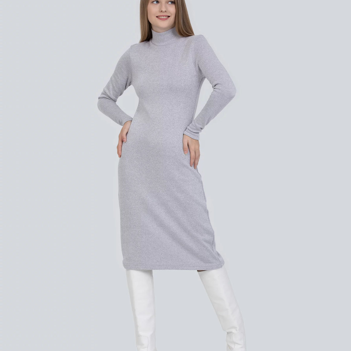 Brick Satin Effect Ruched Turtle Neck Open Back Midi Dress