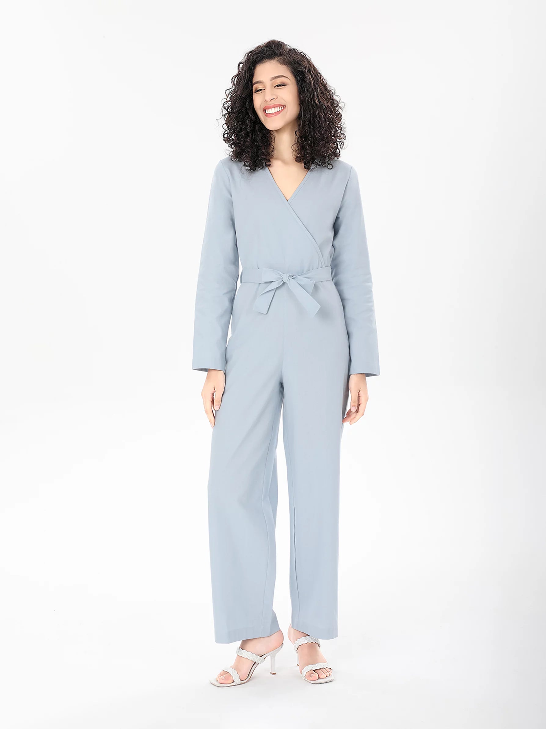 light blue wrap jumpsuit