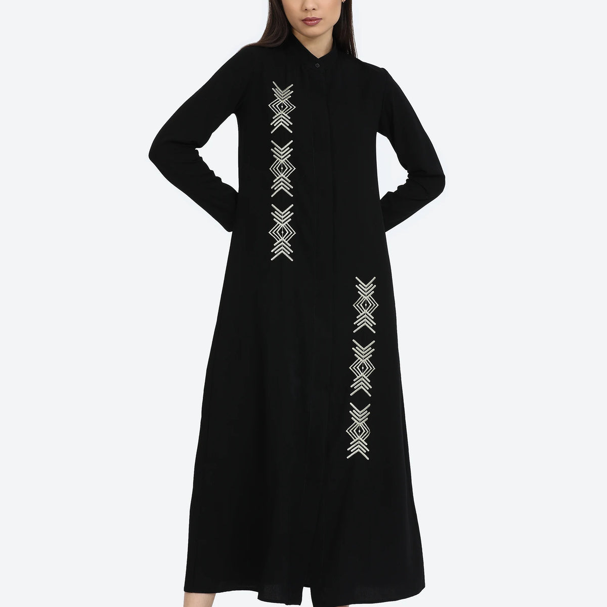Black Embroidered Abaya Dress Black Open Abaya with White Embroidery