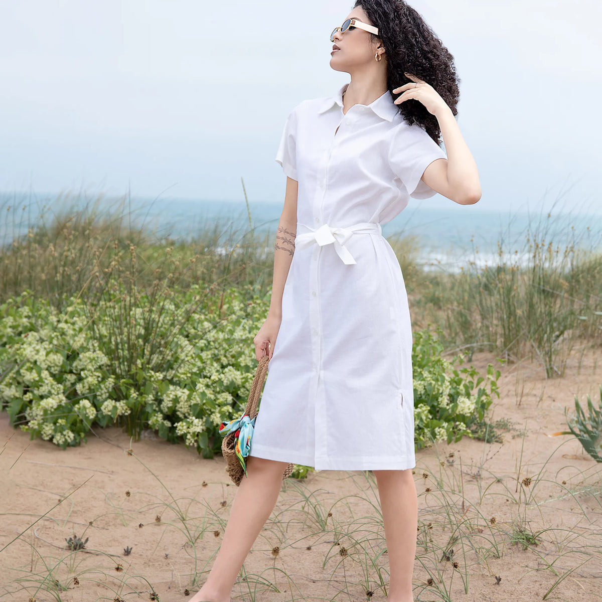 White Shirt Dress with Short Sleeves White Midi Shirt Dress