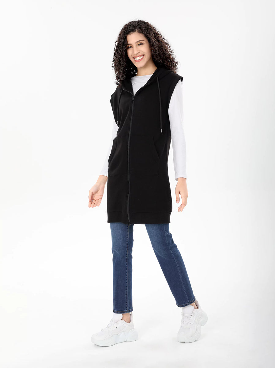 Black Zip Through Longline Sleeveless Hoodie – Modora UK