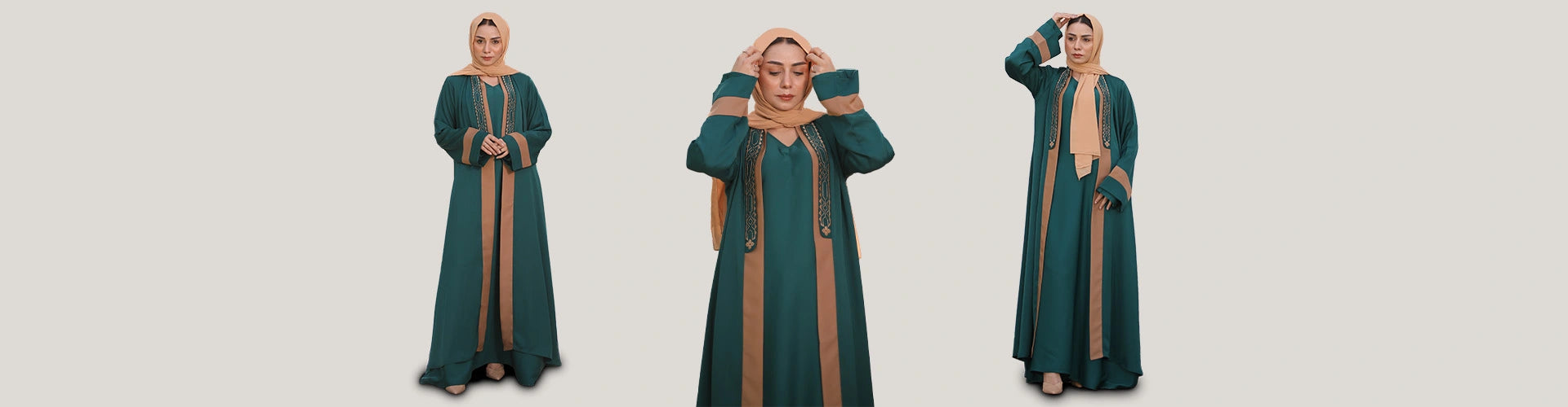 Most Demanding Embroidery Neckline Dark Green Open Abaya Modora UK Most Demanding Embroidery Neckline Dark Green Open Abaya Modora UK