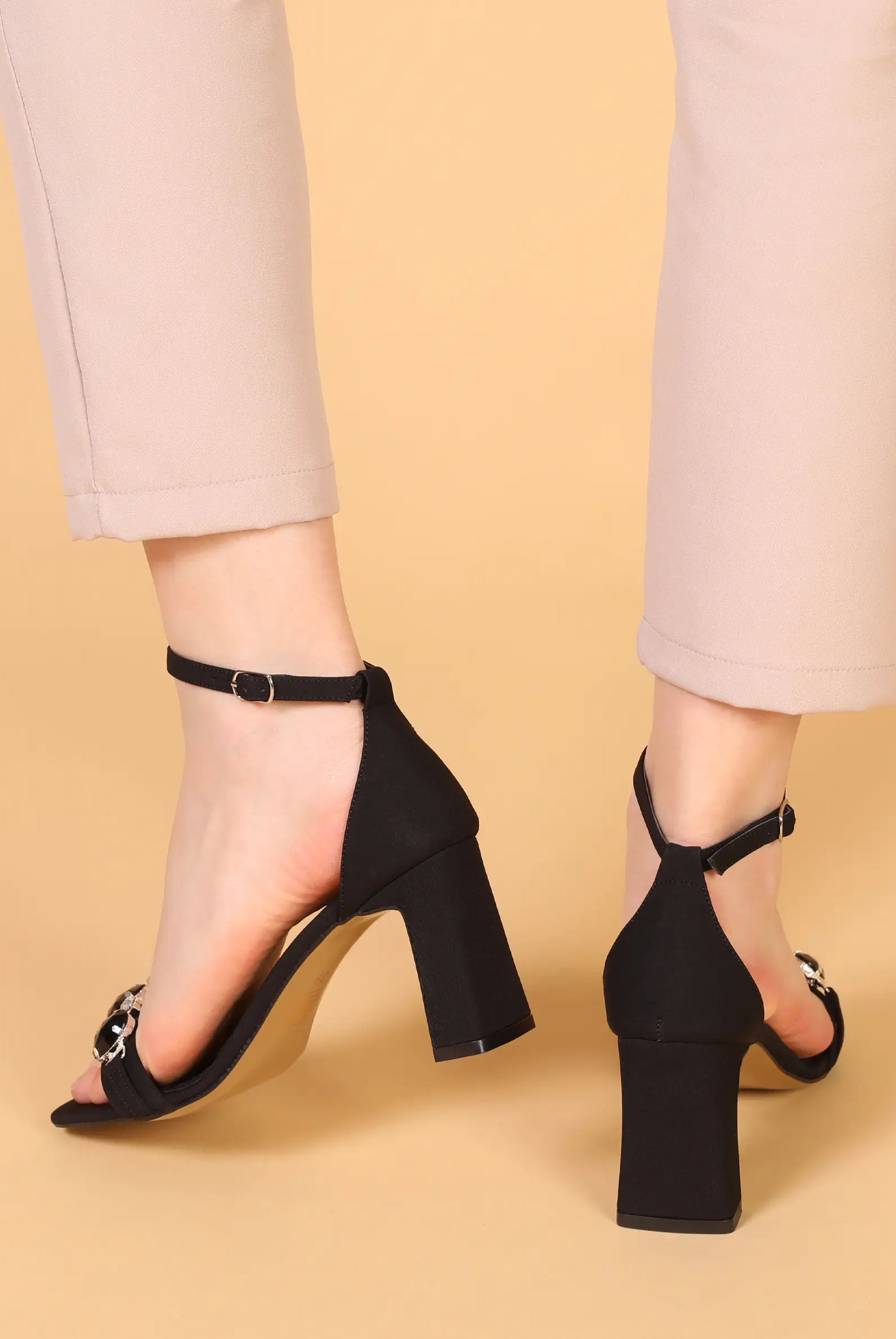 gem detailed black ankle strap heels
