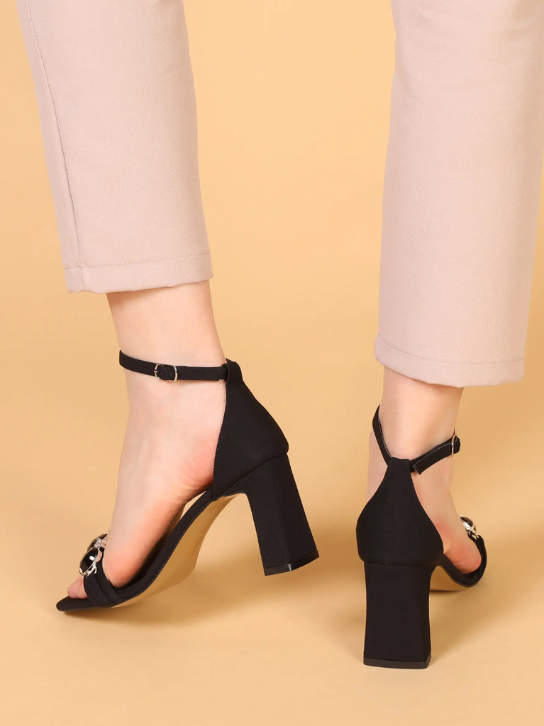 gem detailed black ankle strap heels
