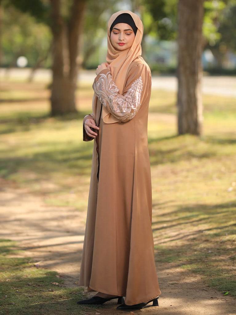 beige embellished closed abaya