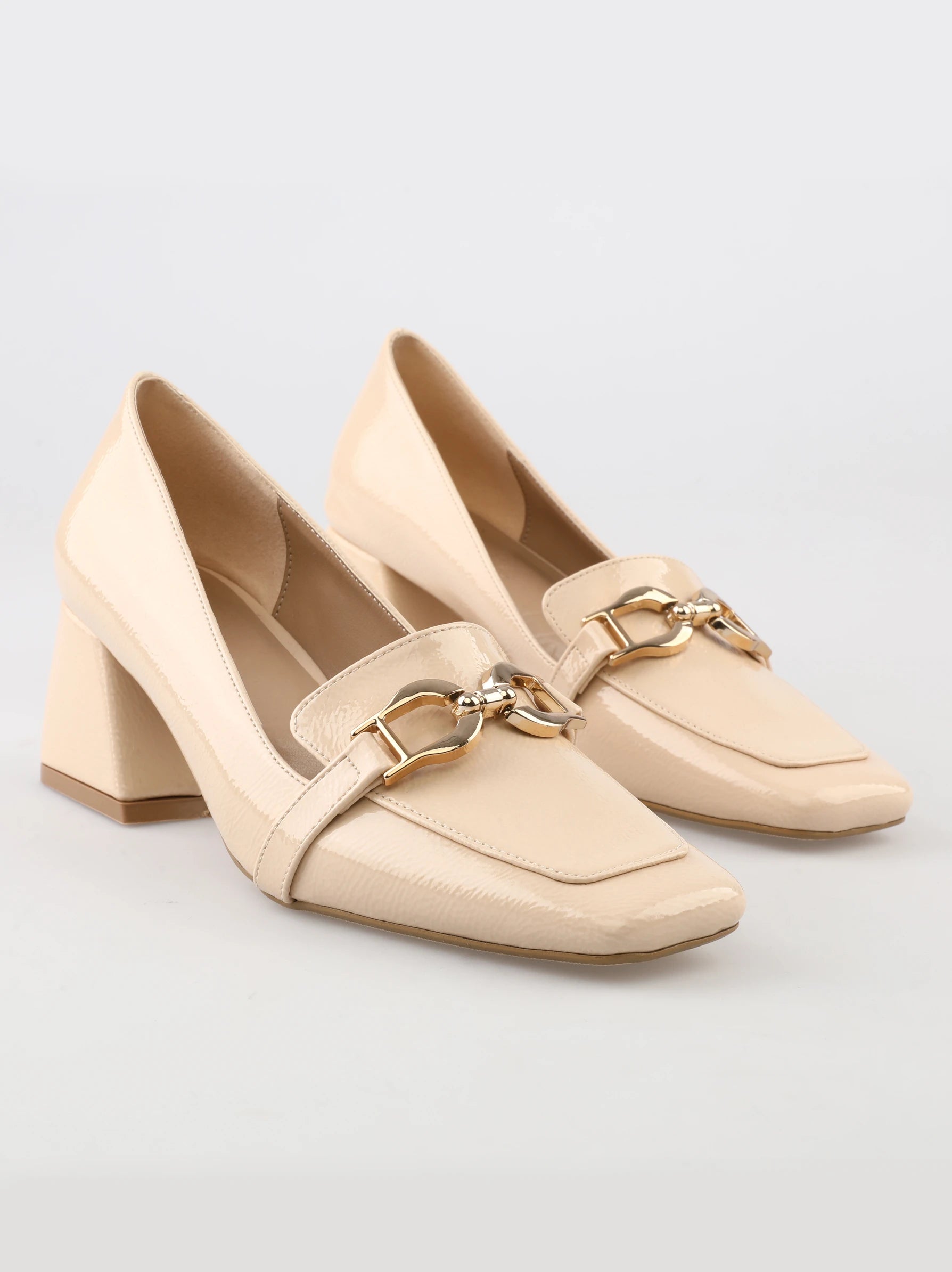 Beige Gold Buckle Detailed Block Heels Modora UK