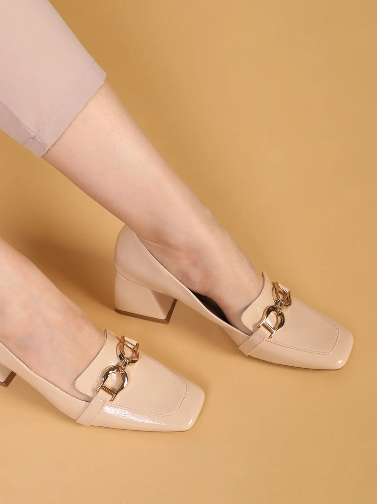 beige block heels for women