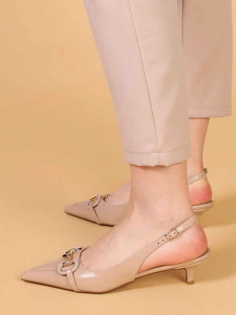 Gold Buckle Beige Slingback Pointed Heels
