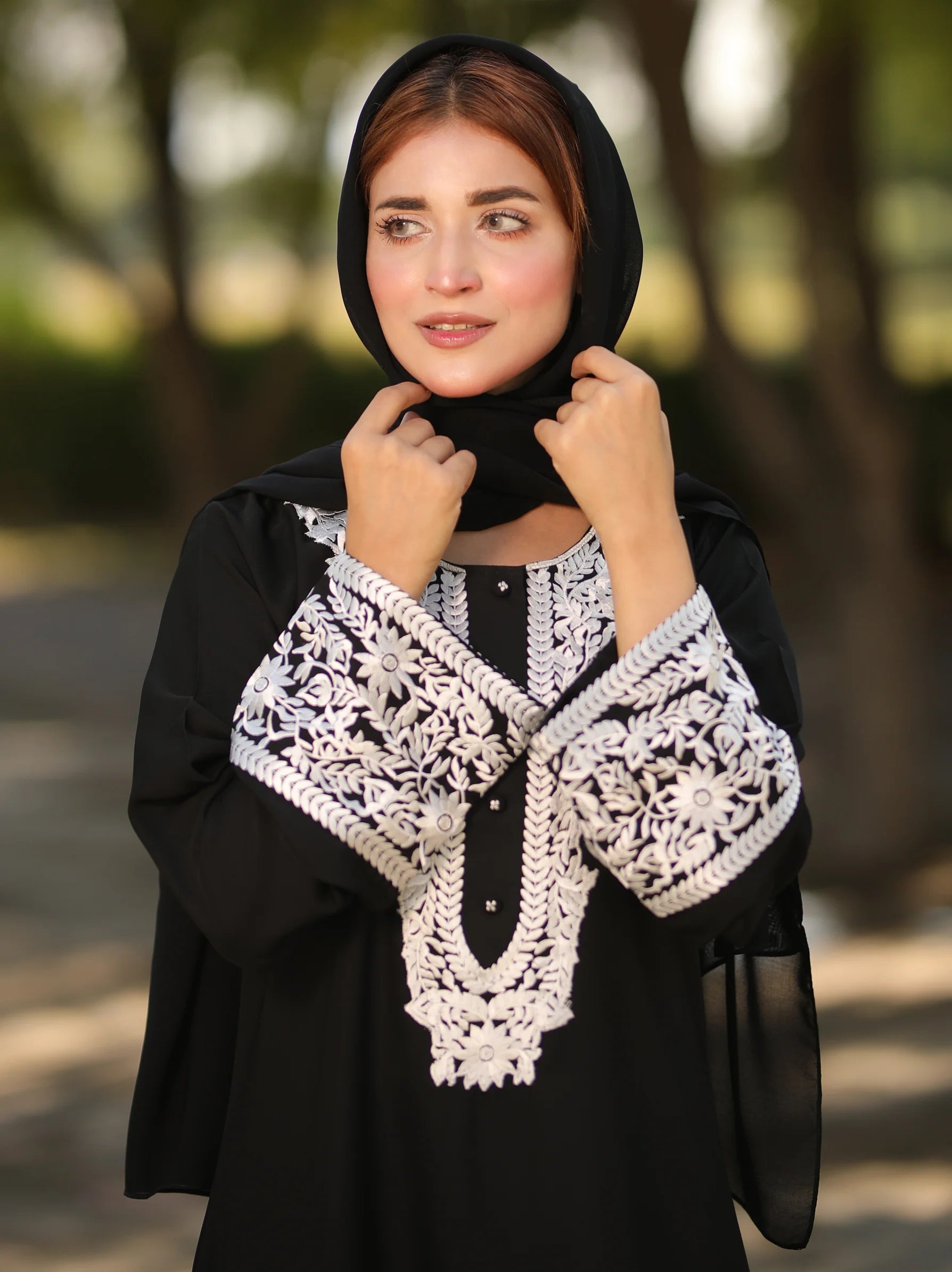 Black Abaya with White Embroidered