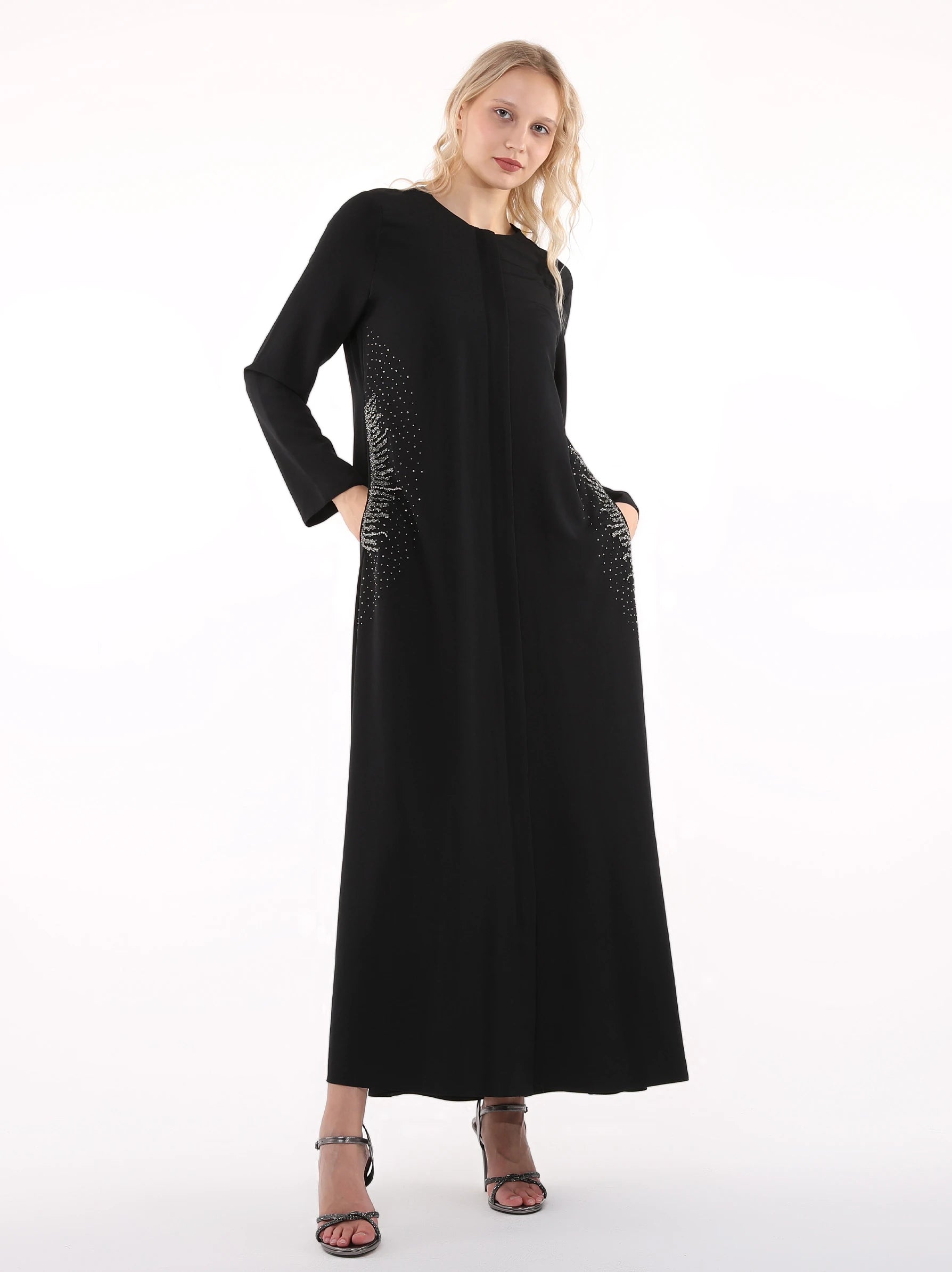Black Closed Abaya with Silver Embellished on Sides Modora UK