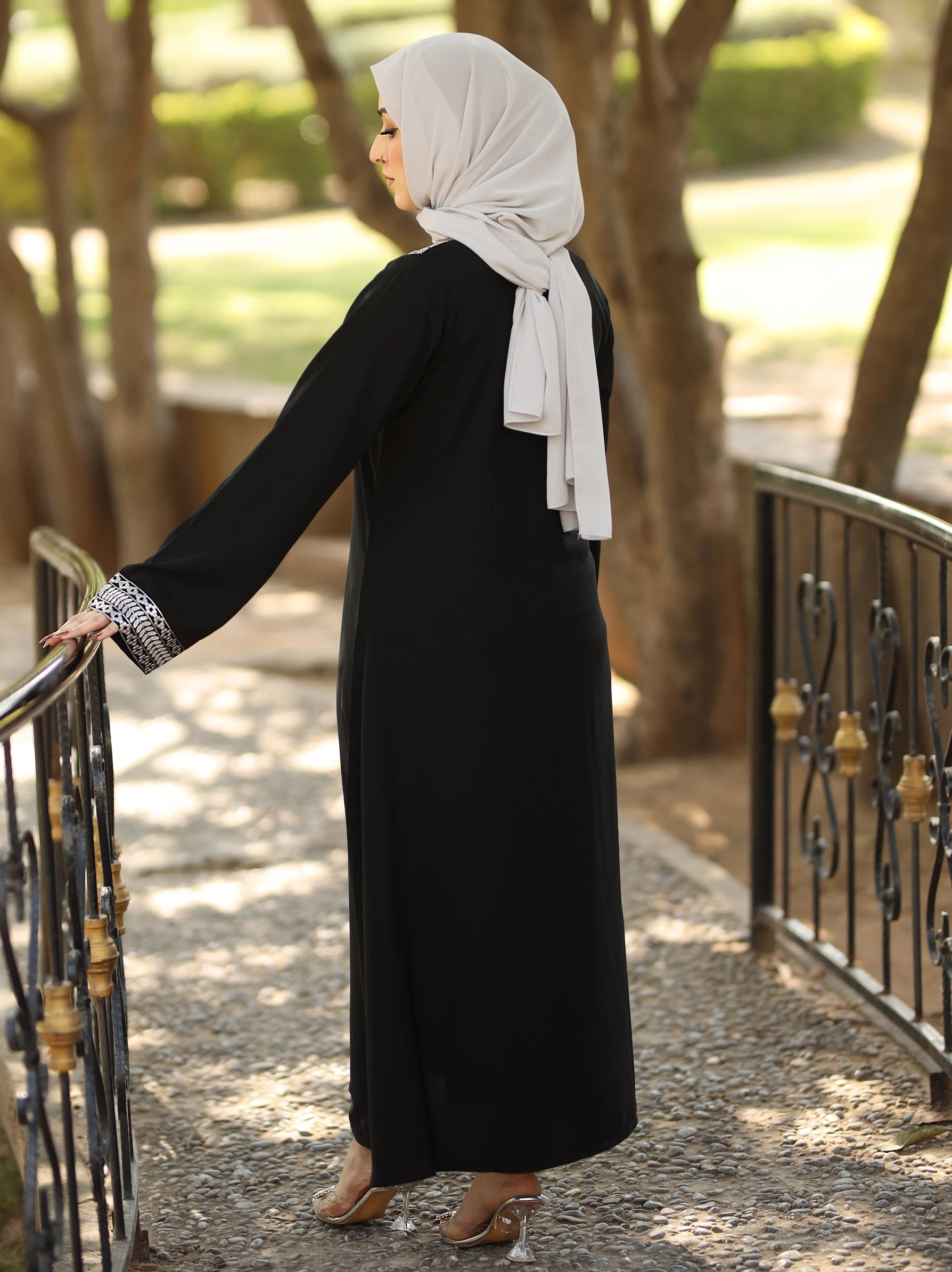 Silver Embroidered Sleeves Black Cotton Abaya Maxi Dress Modora UK