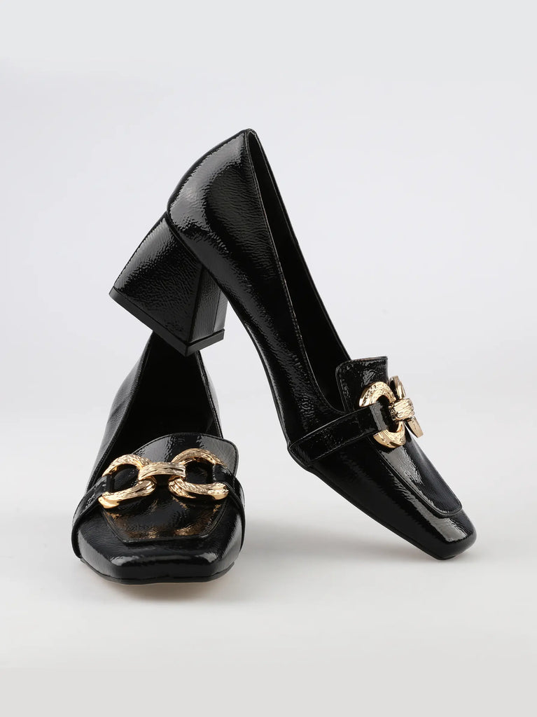 black shimmer gold buckle block heels