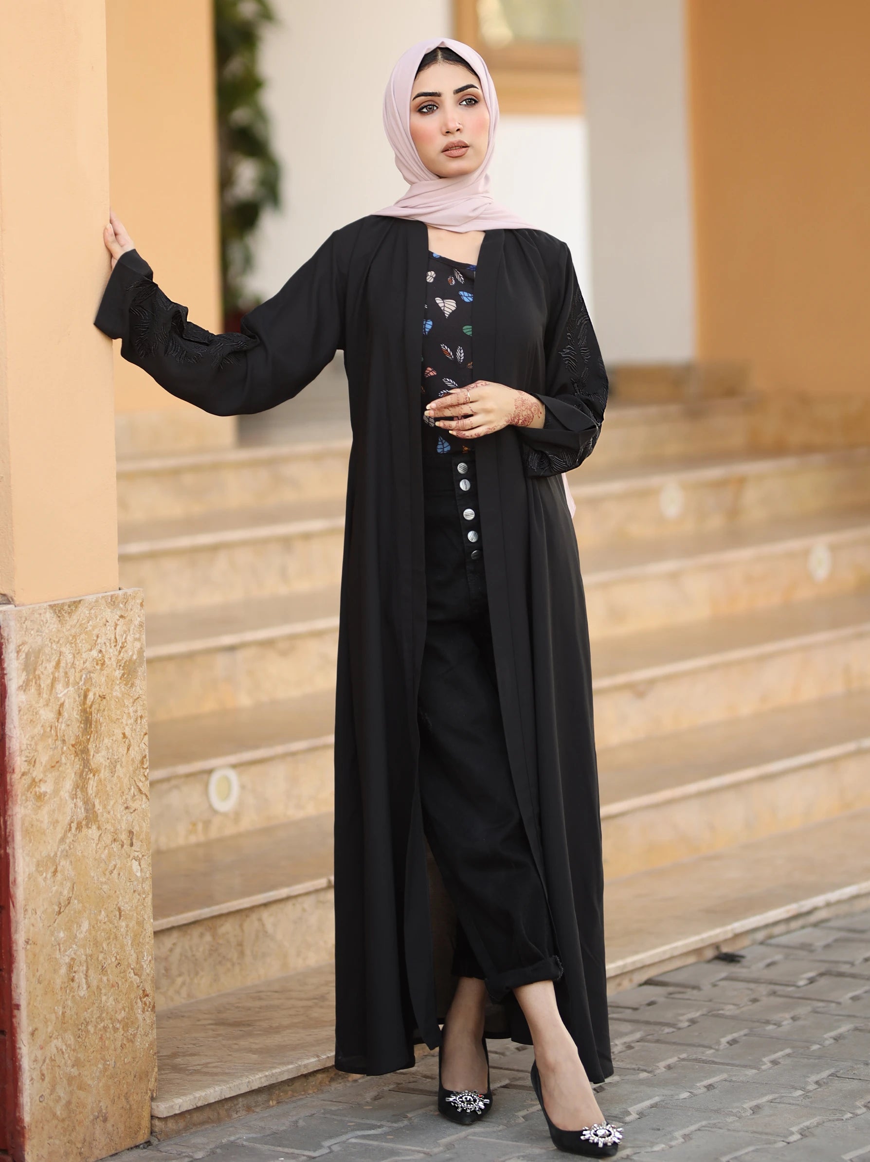 Black Embroidered Kimono Style Open Abaya Modora UK