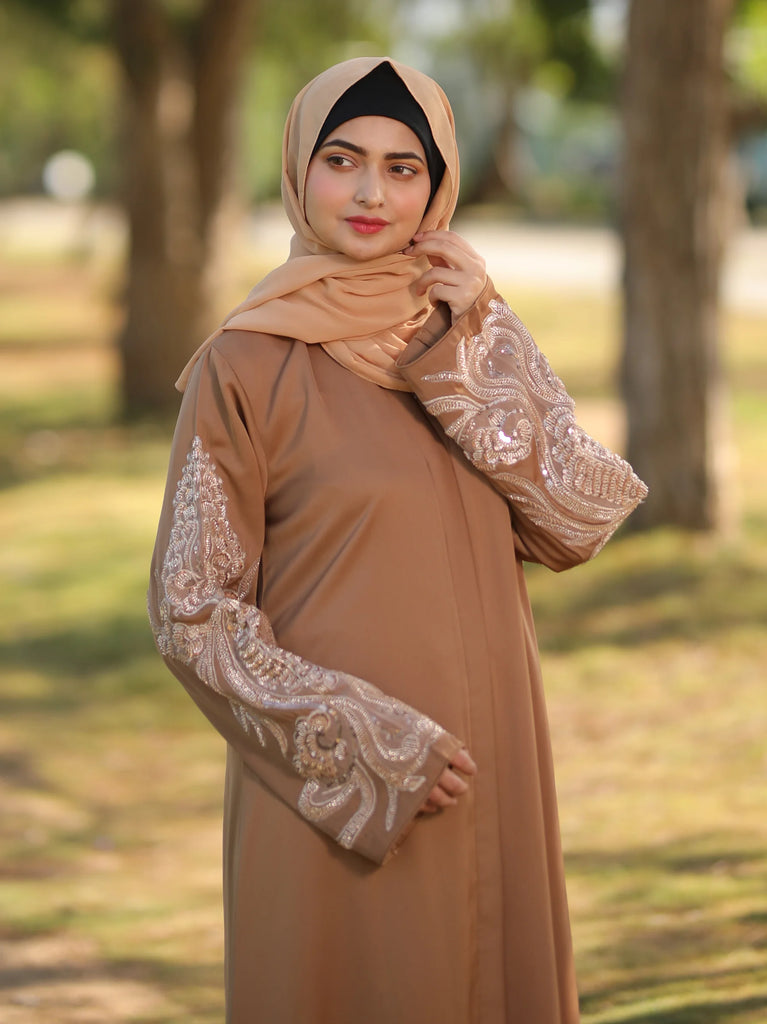 beige closed abaya