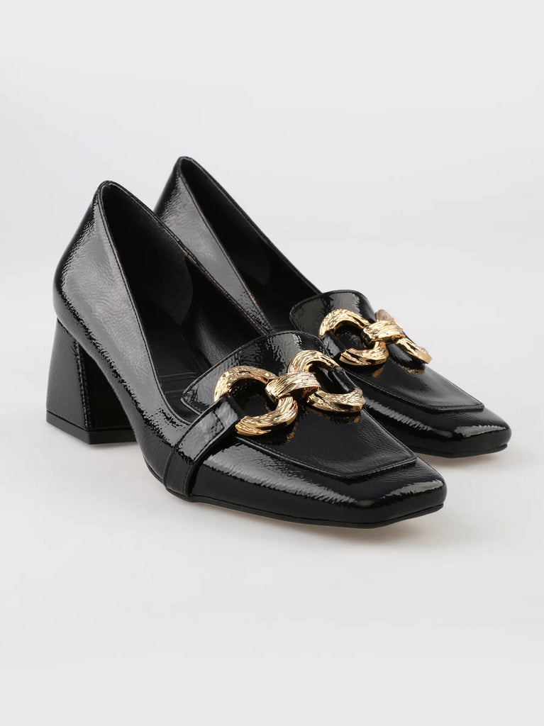 black block heels with shimmer gold buckle
