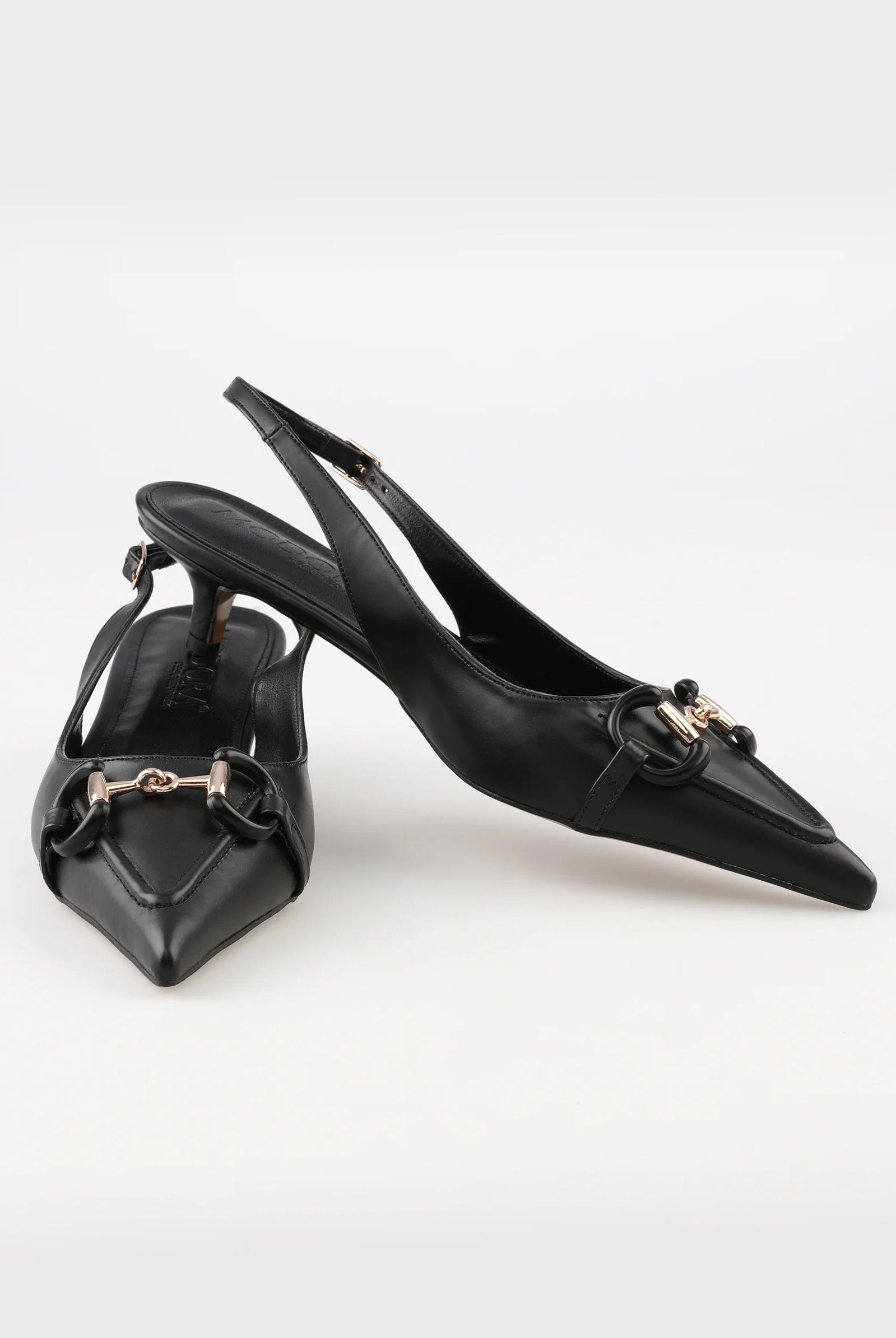 gold buckle black slingback pointed heels