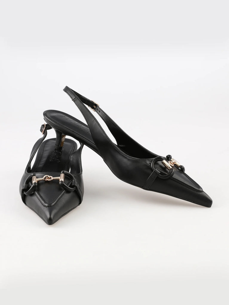 gold buckle black slingback pointed heels