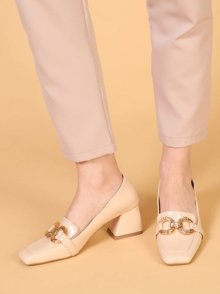 beige gold buckle detailed block heels