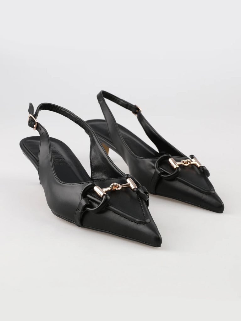 gold buckle black pointed heels