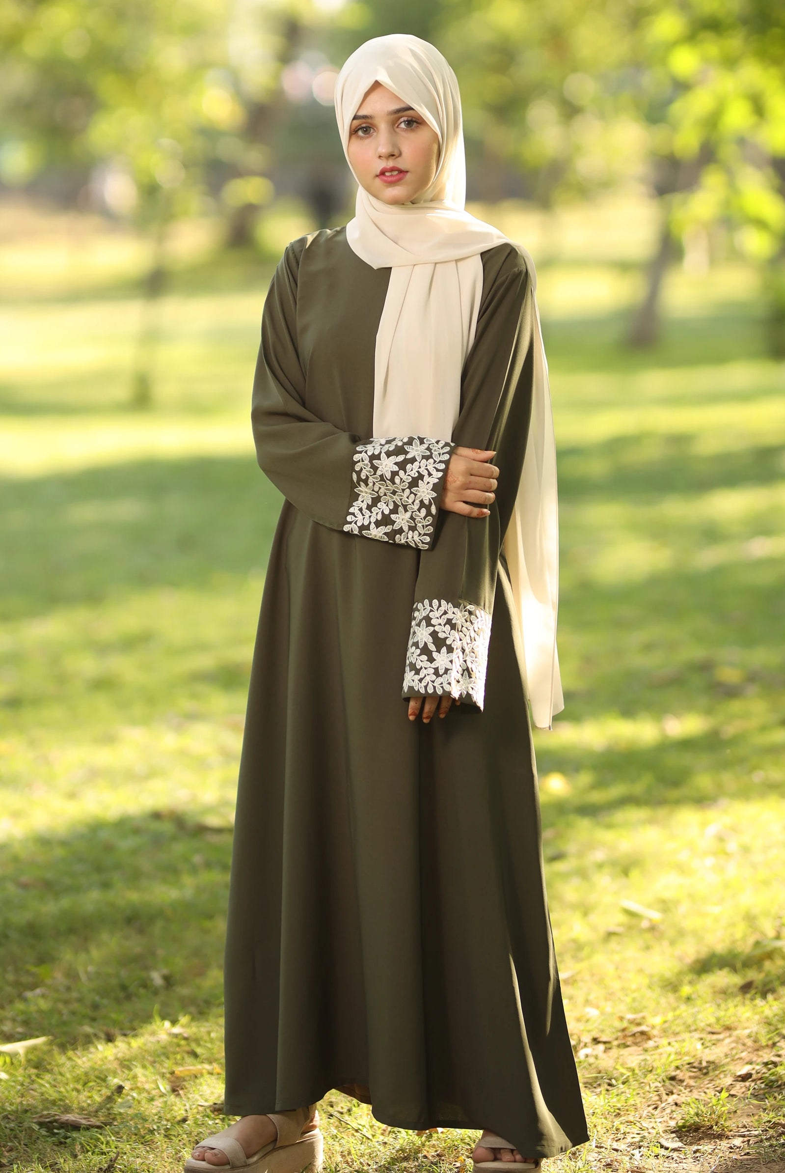 embroidered olive green abaya