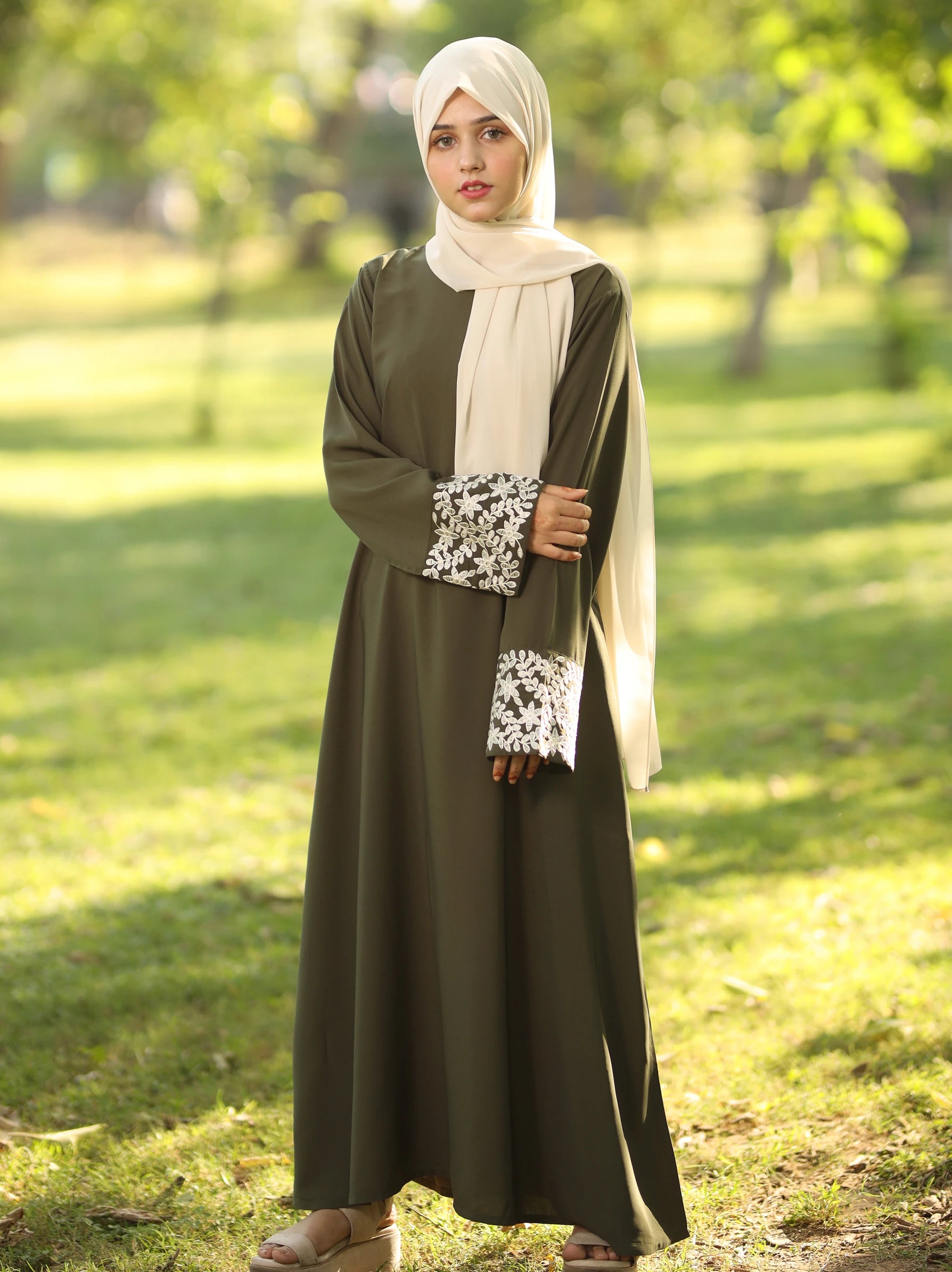 Embroidered Sleeves Olive Green Abaya Maxi Dress
