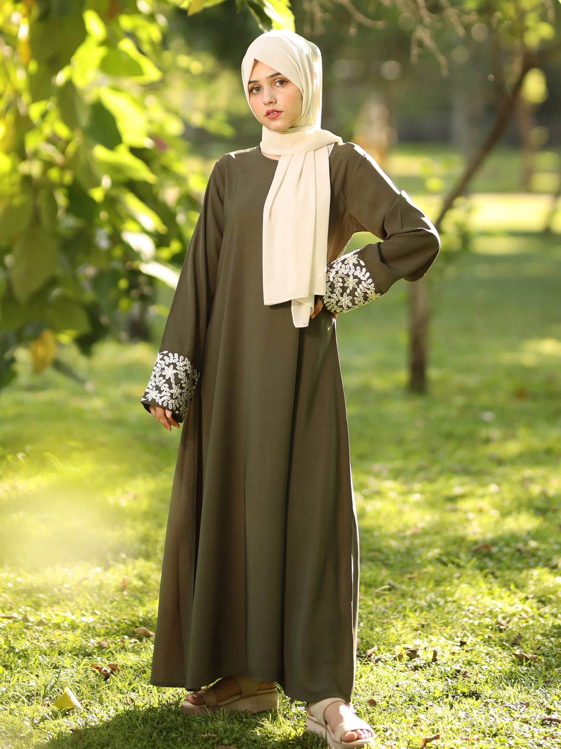 Embroidered Sleeves Olive Green Abaya Modora UK
