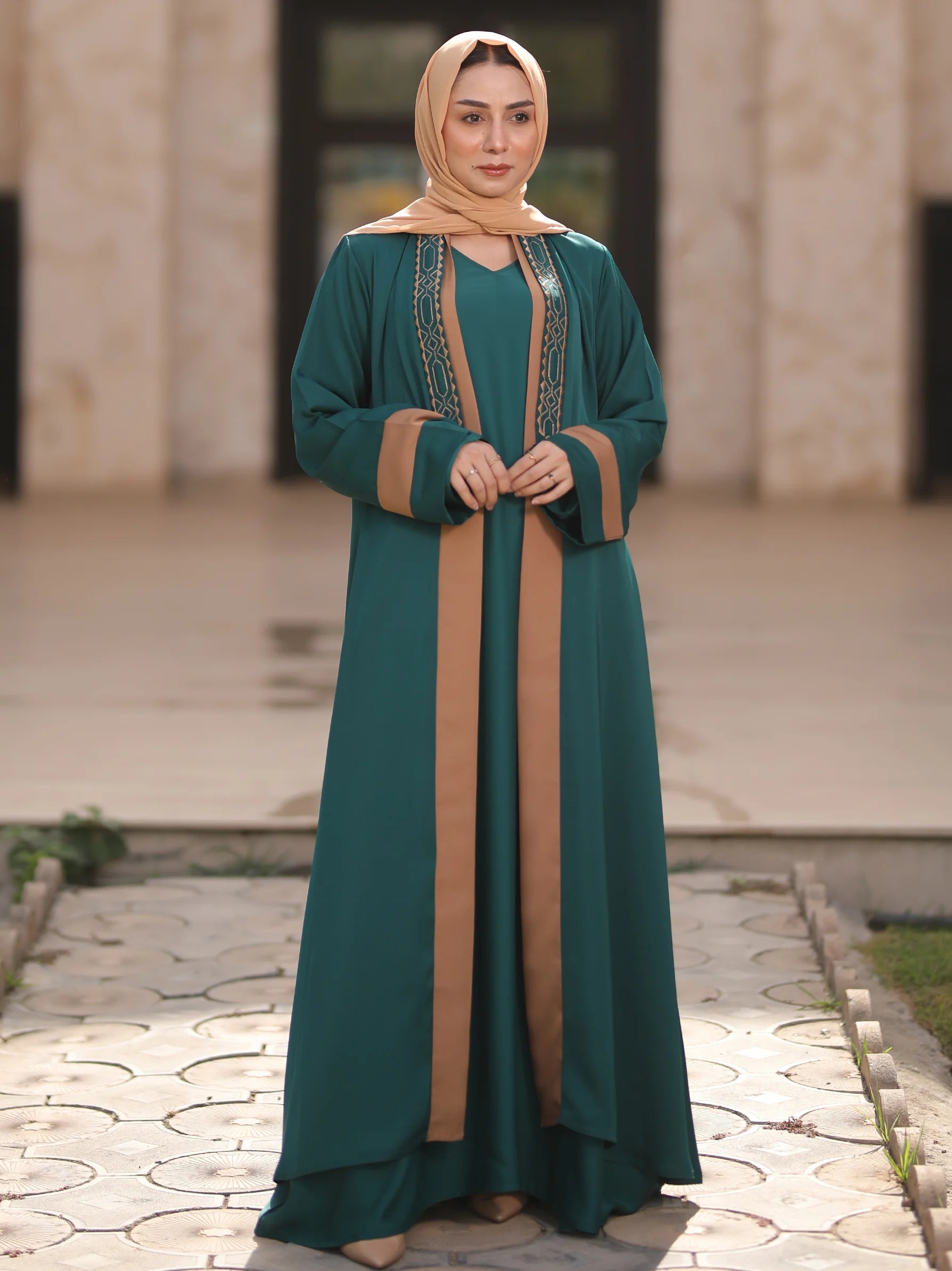 Embroidery Neckline Dark Green Abaya | Open Abaya Kimono – Modora UK