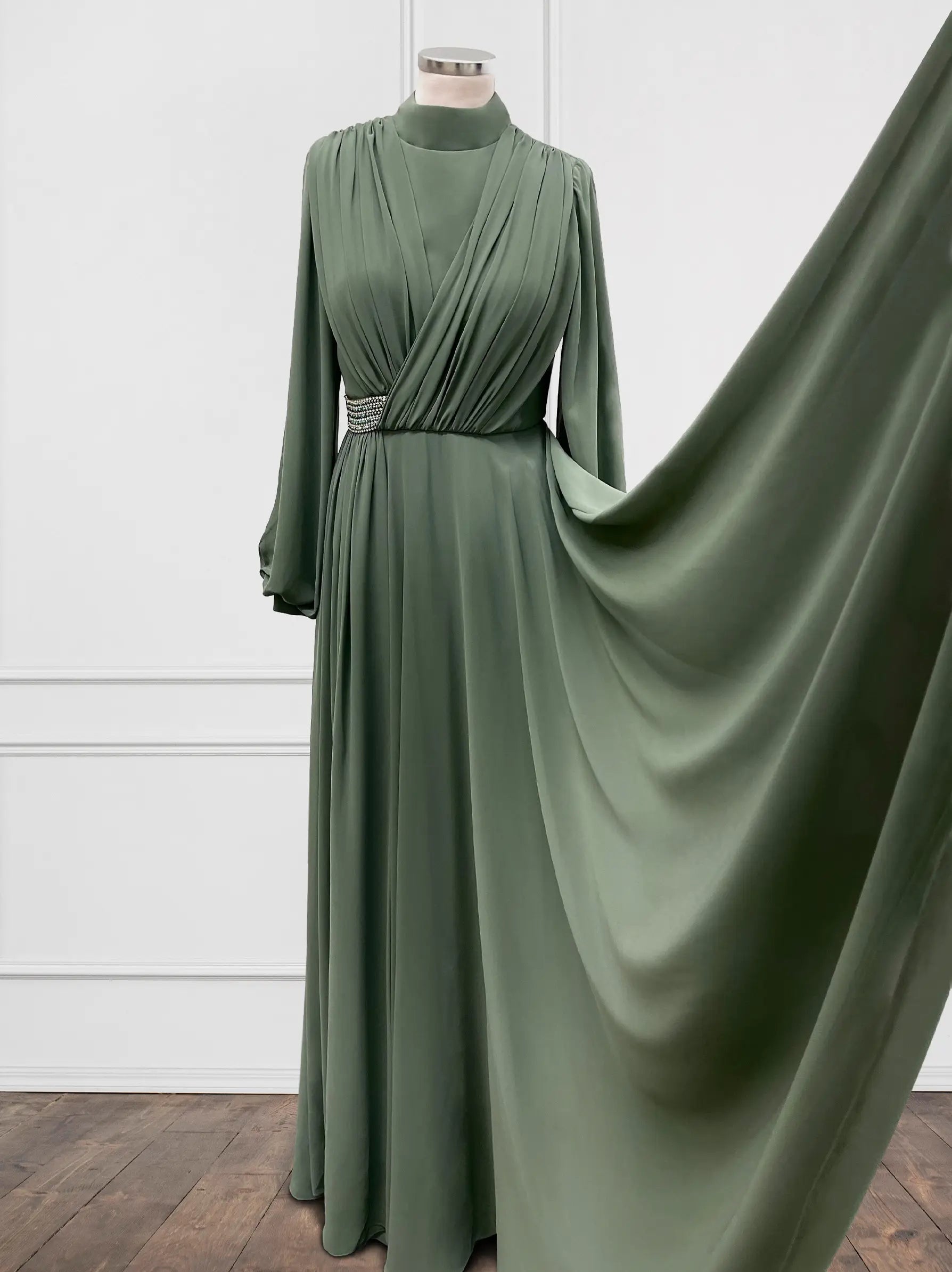 Gem Belt Detailed Tulle Wrap Khaki Green Evening Dress Modora UK