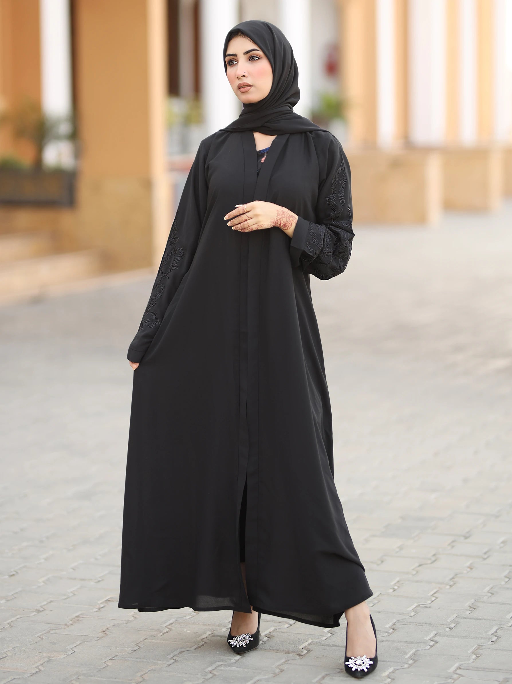 Black Embroidered Kimono Style Open Abaya Modora UK