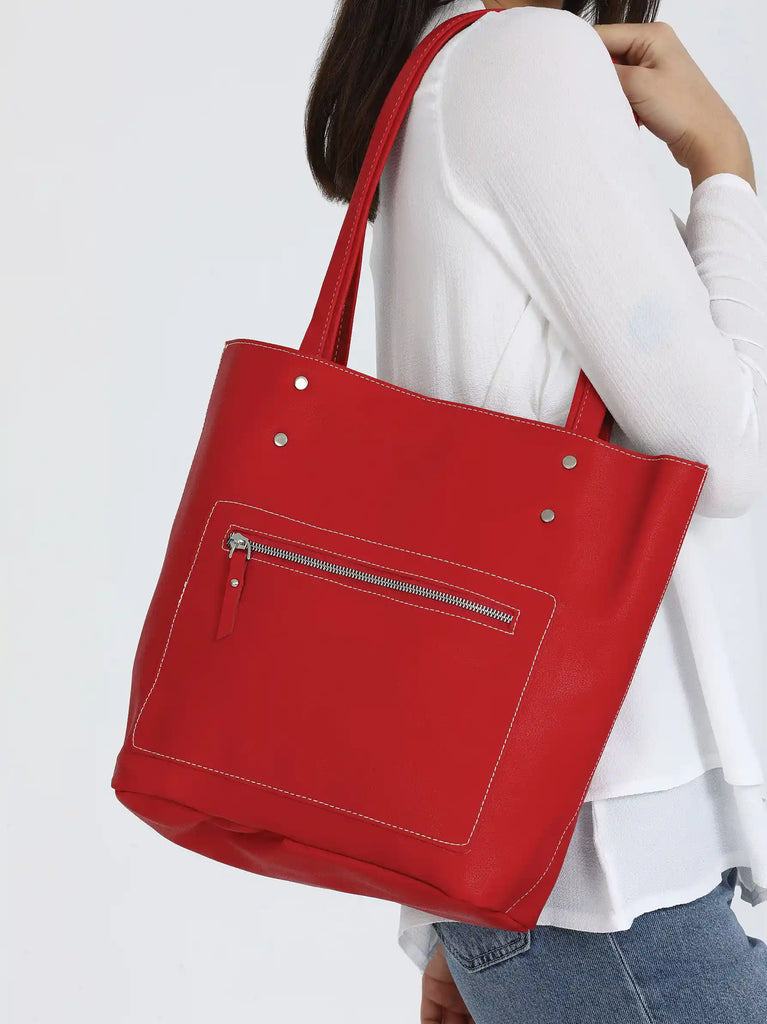 red leather tote bag