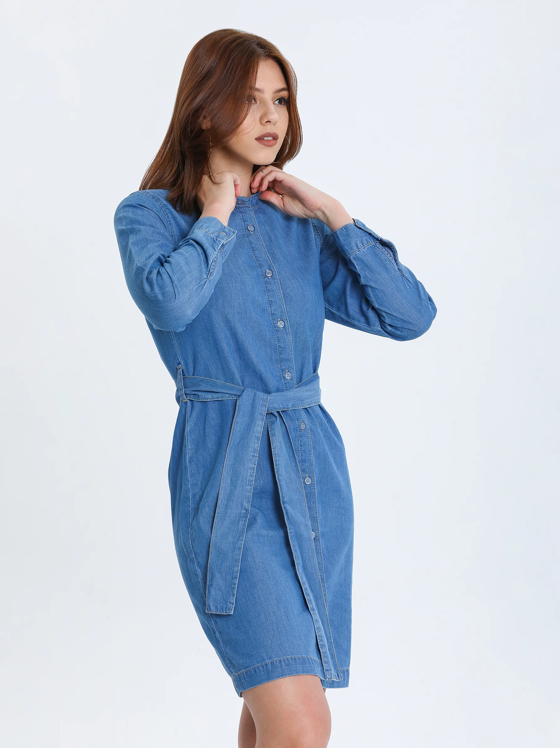 light blue denim shirt dress