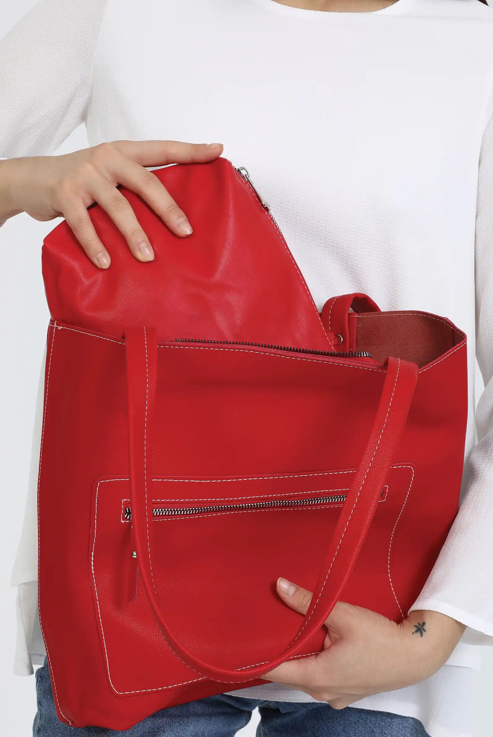 red tote bag leather