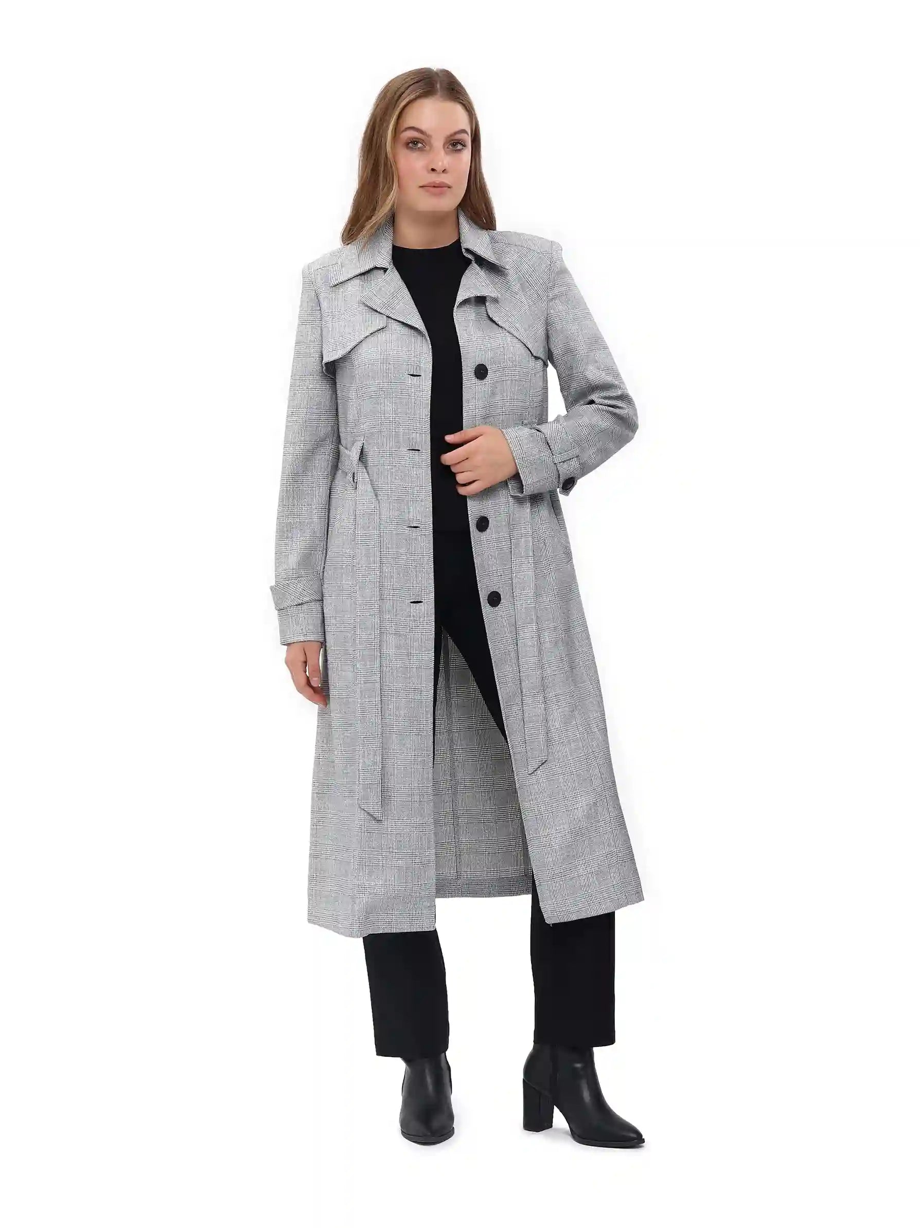 Buy Online Grey Plaid Trench Coat Grey Trench Coat for Ladies