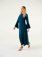 blue flared sleeve dress