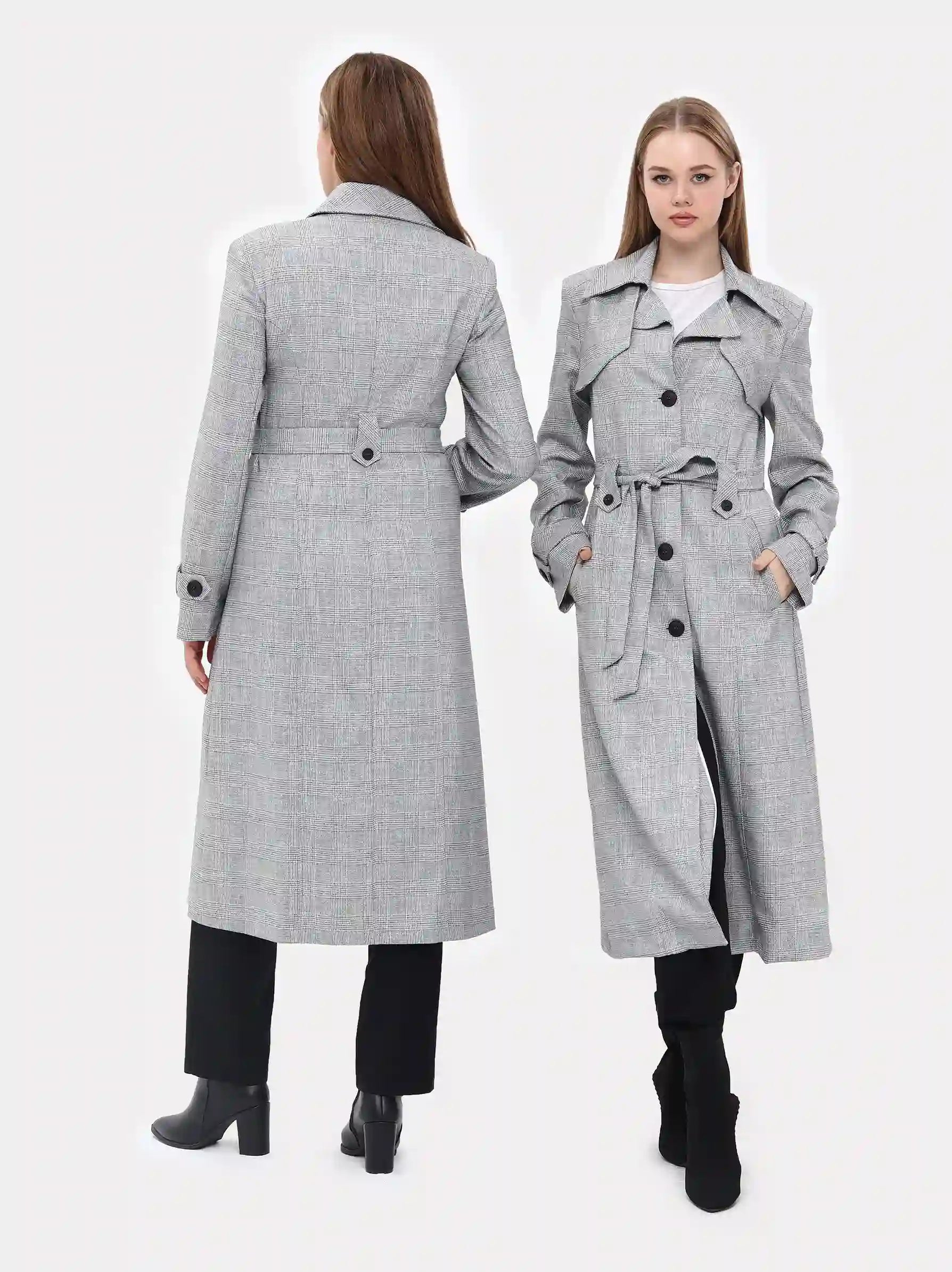 Buy Online Grey Plaid Trench Coat Grey Trench Coat for Ladies