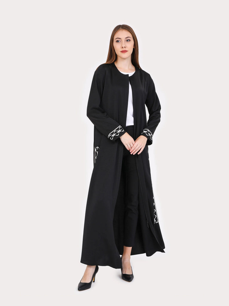 Zip Front Black Long Embroidered Maxi Dress