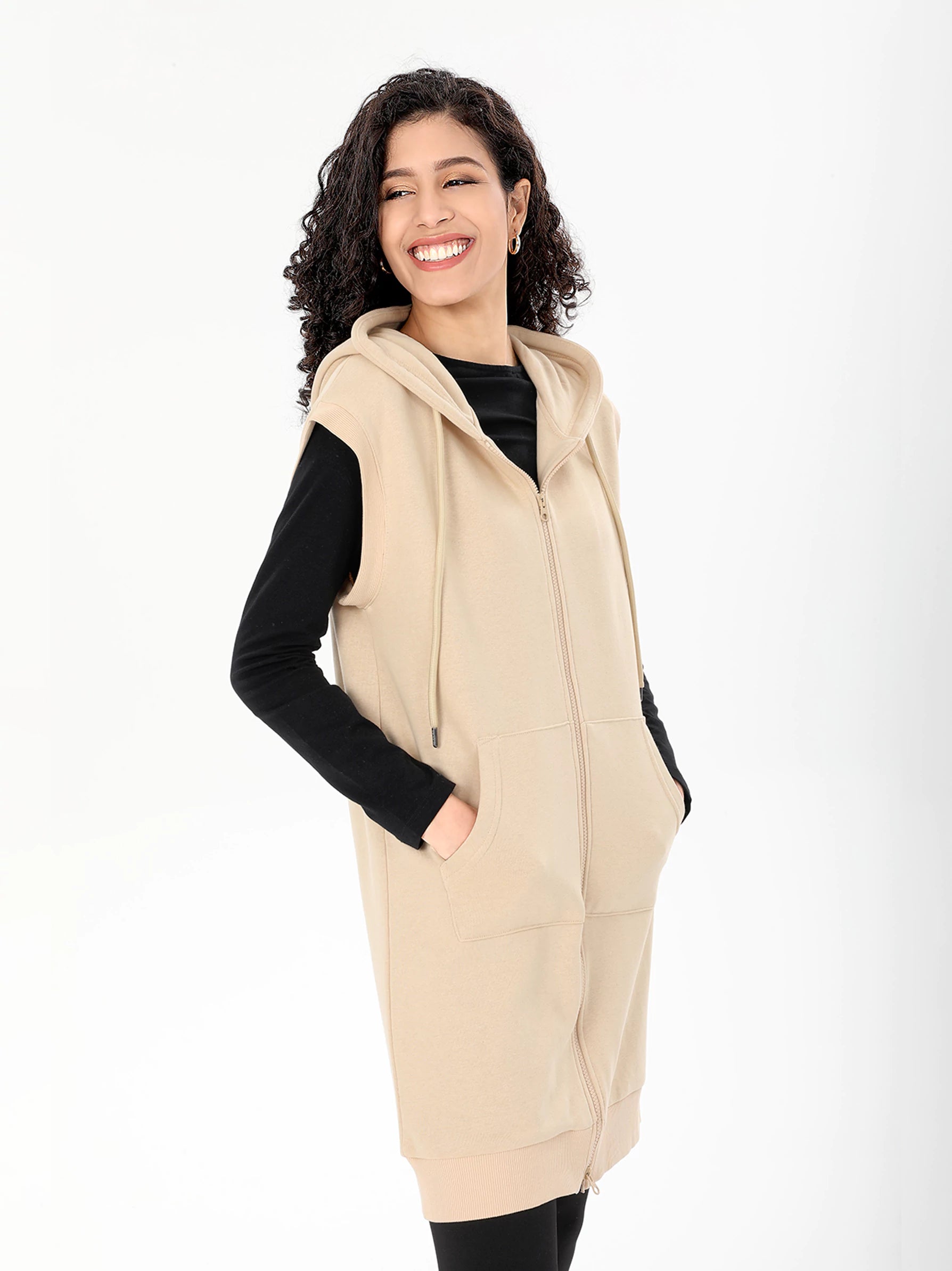 Beige Zip Through Longline Sleeveless Hoodie Beige Zip up Hoodie