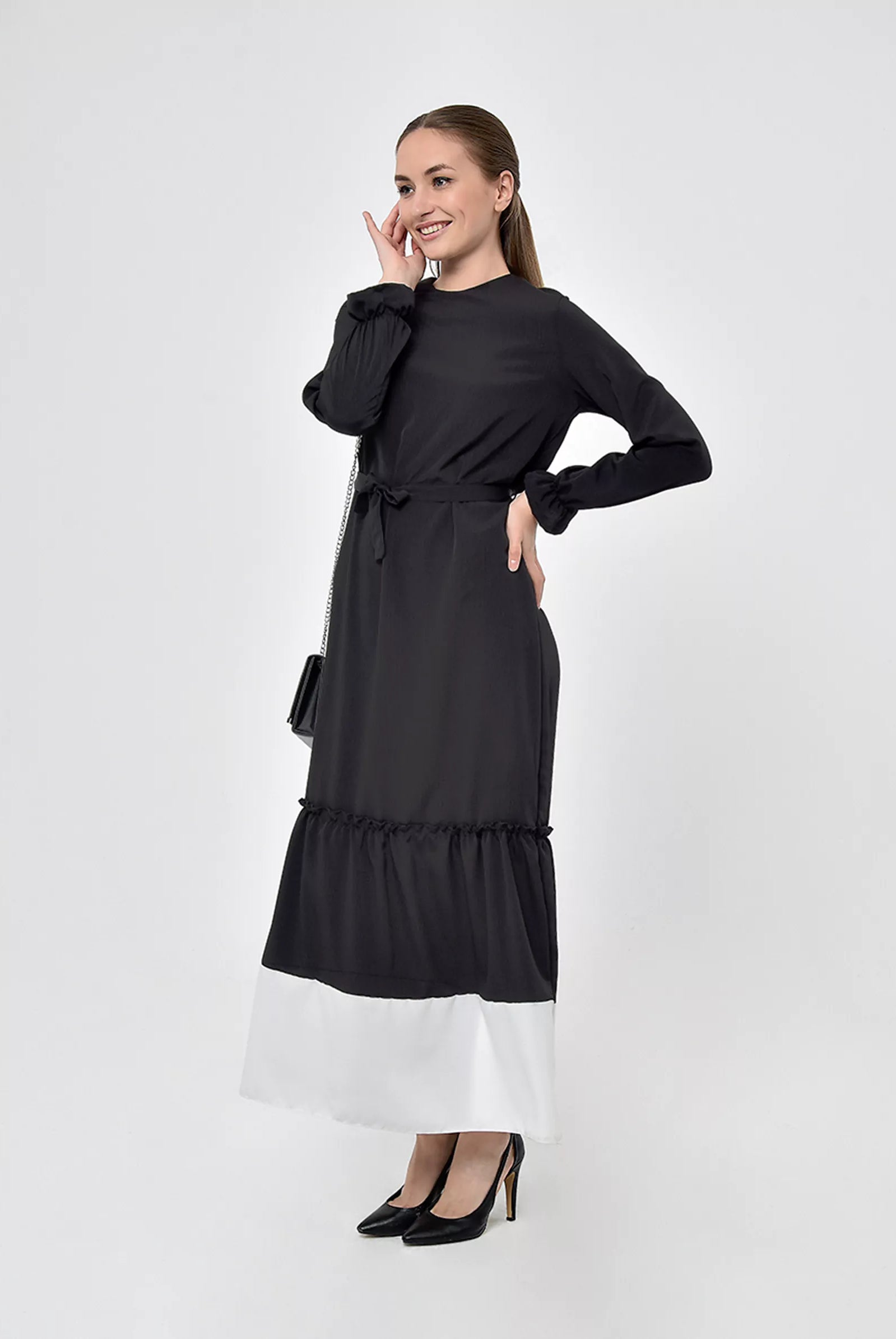 black flared skirt dress