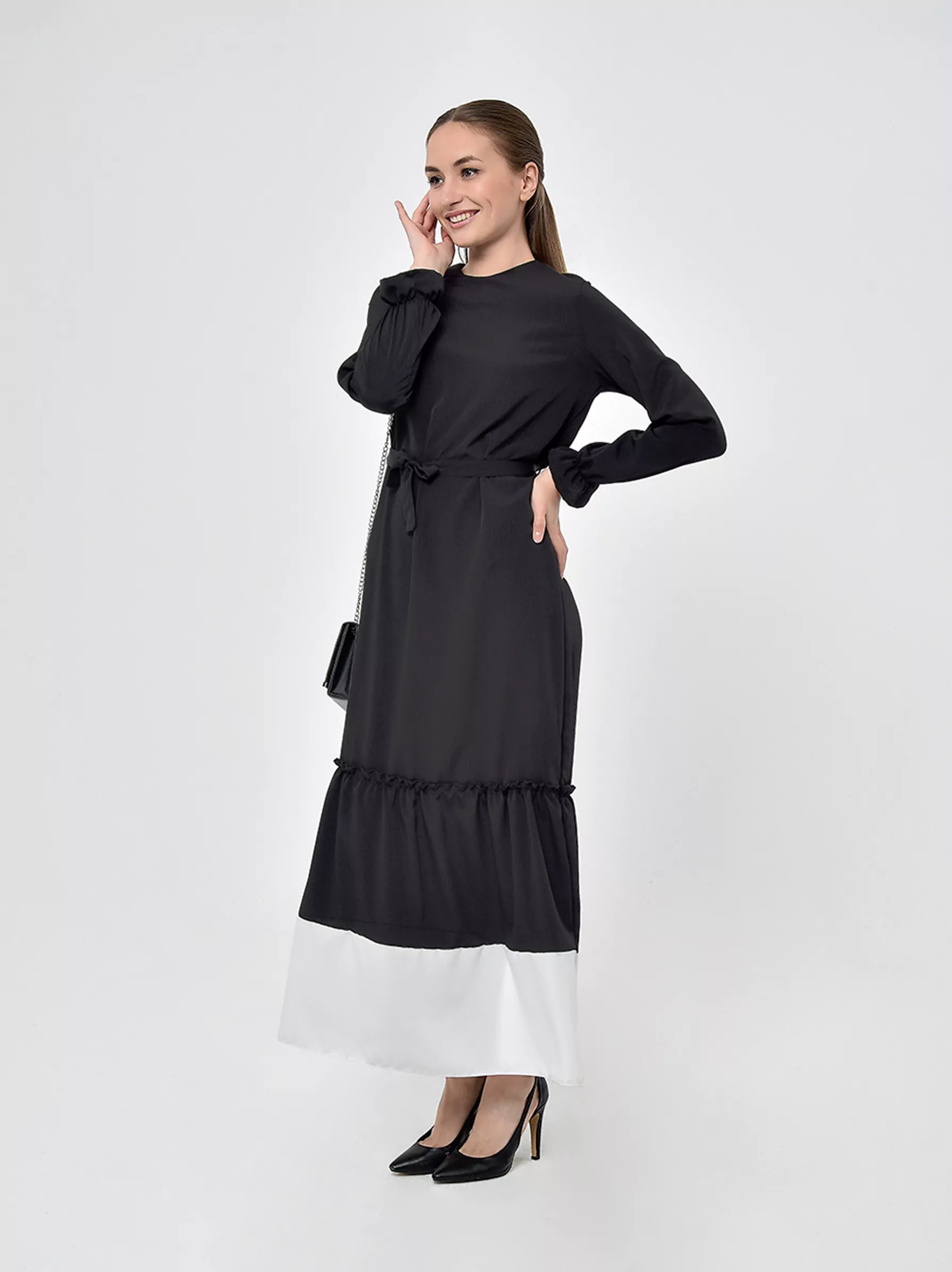 black flared skirt dress