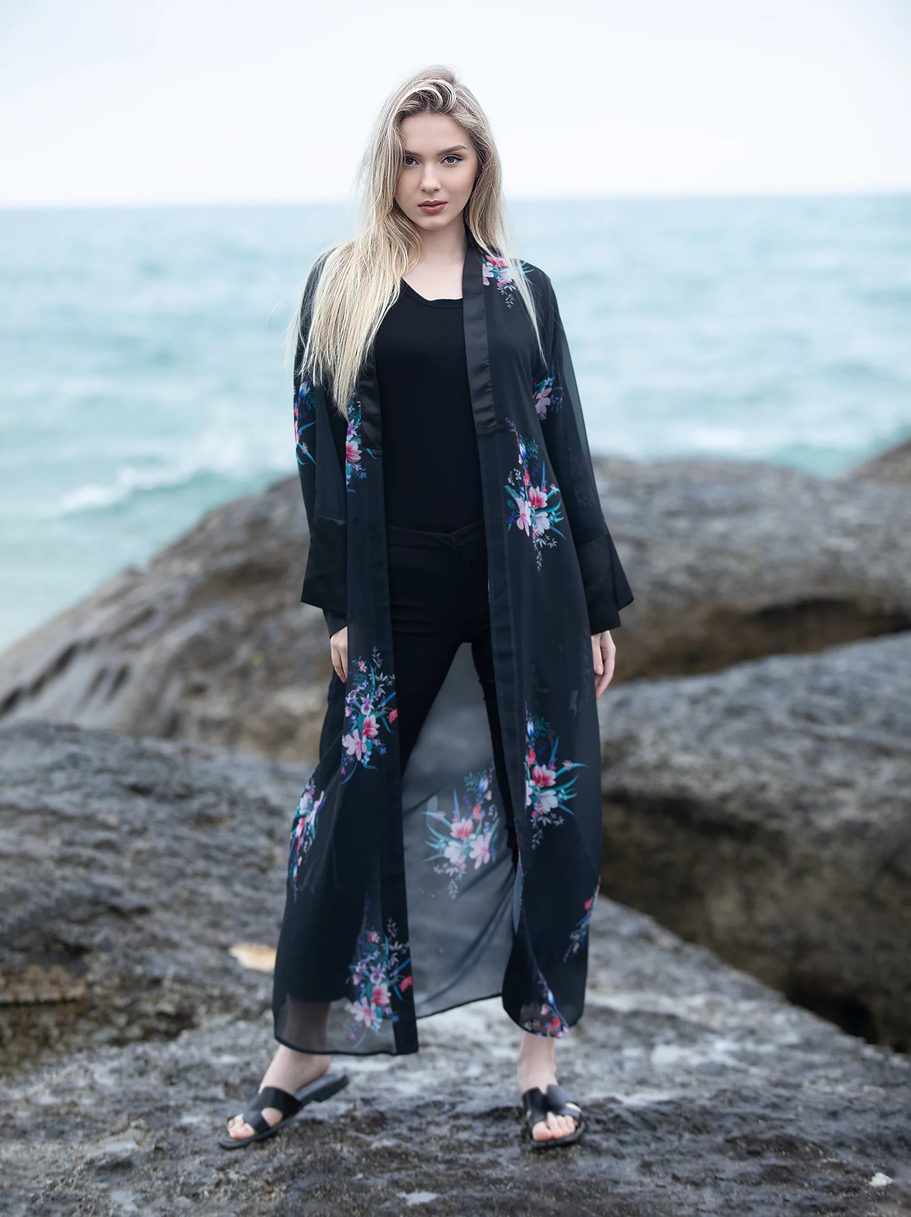 black floral chiffon kimono